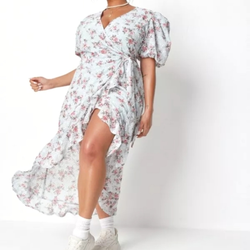 🏷️ Missguided Blue Floral Broderie High Low Wrap Dress 20W